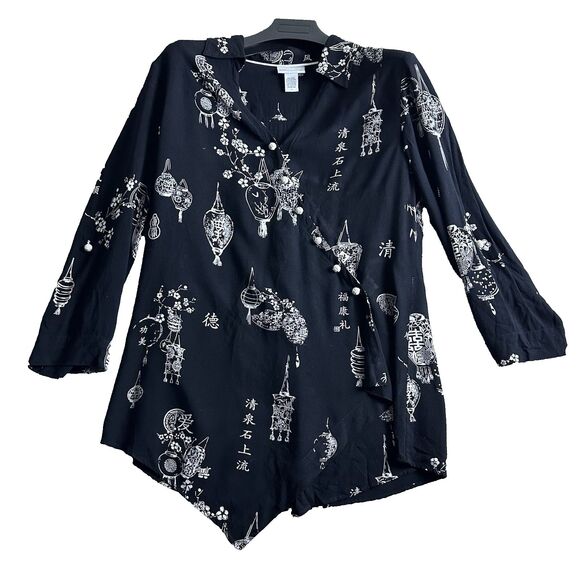 Soft Surroundings Womens Tunic Top M Asymmetrical Black Lantern Print Rayon Boho - Picture 1 of 15